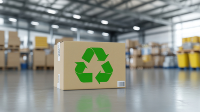 Cardboard box with recycling symbol in warehouse, Cardboard box with a green recycle symbol sits in a warehouse setting.